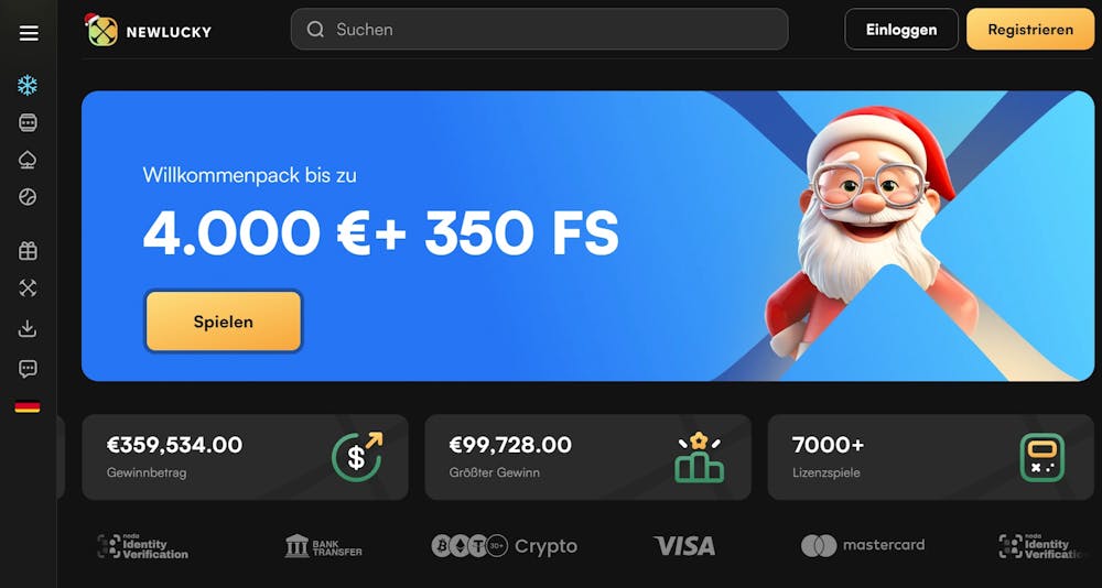 Die Homepage von Newlucky Casino, mit einer Beschreibung über den Willkommensbonus von bia zu 4.000 € + 350 Freispielen