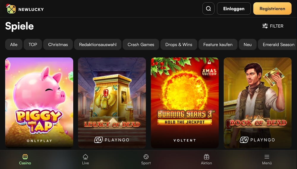 Eine Übersicht über die verschiedenen  Slot Titel bei Newlucky Casino, mit Titeln wie Book of Dead und Piggy Tap