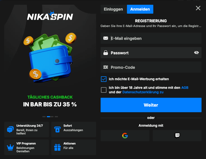 Anmeldeformular im Nikaspin Casino