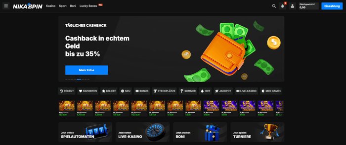 Startseite im Nikaspin Casino zeigt Cashback, Casinobereiche und Spielkategorien