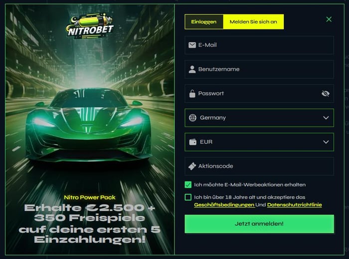 Anmeldeformular im Nitrobet Casino