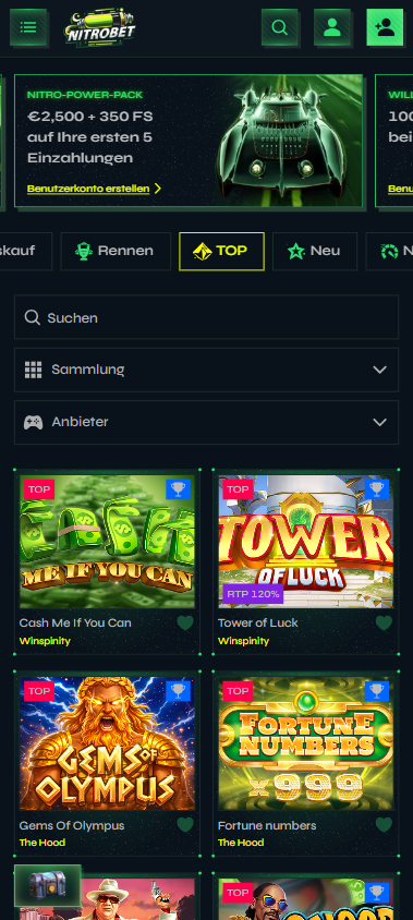 Spiellobby im Nitrobet Casino zeigt Spiele wie Tower of Luck neben Filtern