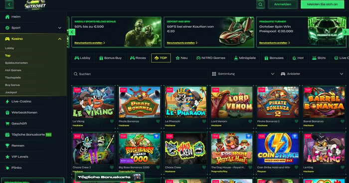 Spiellobby im Nitrobet Casino zeigt Spiele wie Le Viking neben anderen Spielkategorien