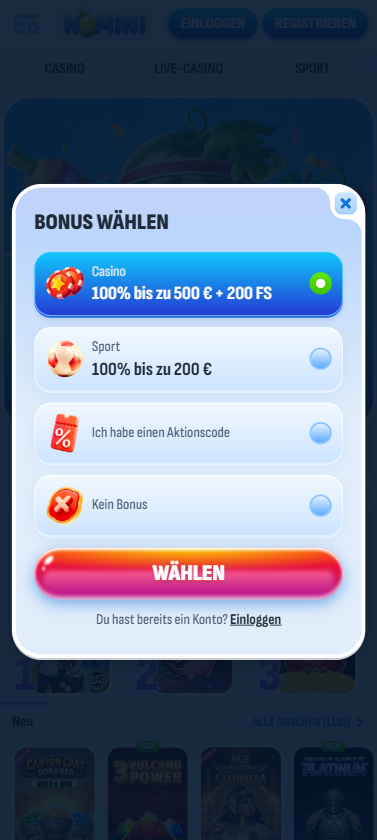 Anmeldeformular im Nomini Casino