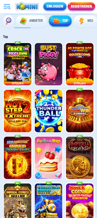 Spiellobby im Nomini Casino zeigt top Spiele wie Bust the Piggy neben anderen Spielkategorien