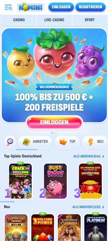 Nomini Casino Startseite zeigt Willkommensbonus neben top Spielen in Deutschland