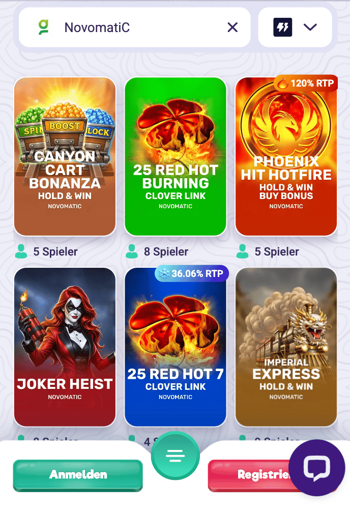 Beispielhafte Auswahl an Novomatic Slots im Online Casino