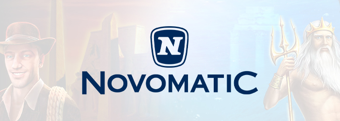 Novomatic Logo vor Hintergrund mit Slot Charakteren