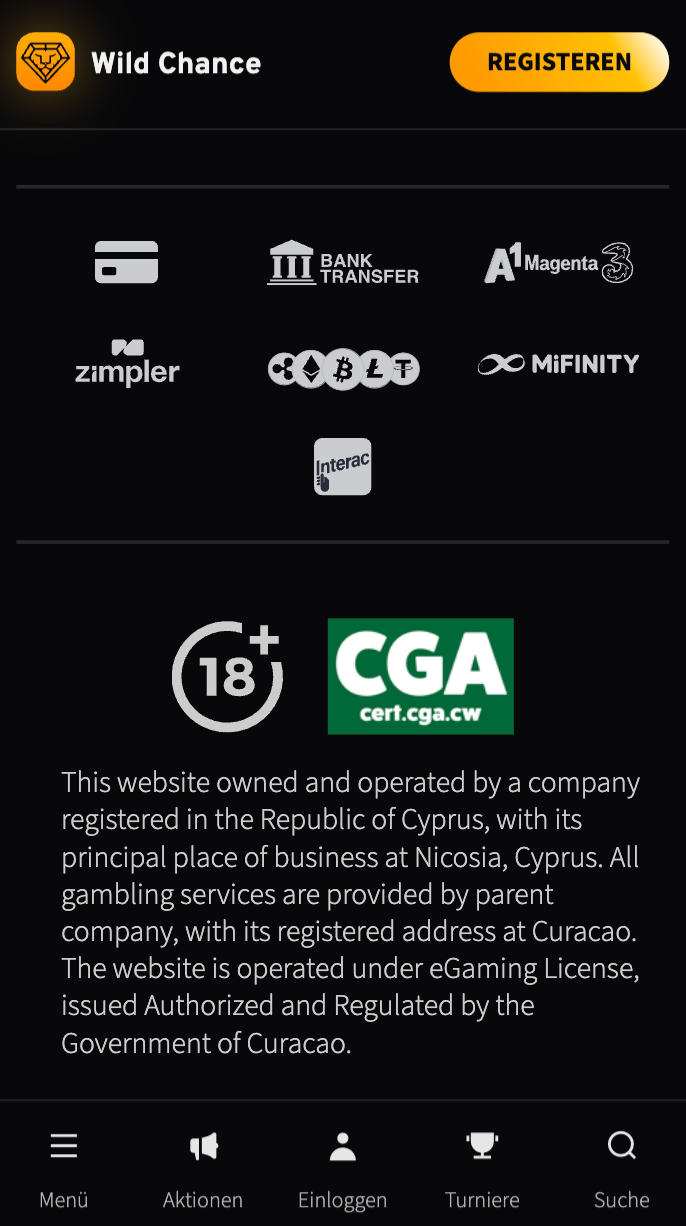 Beispiel für die Angabe der Lizenz im Footer eines Casinos ohne deutsche Lizenz