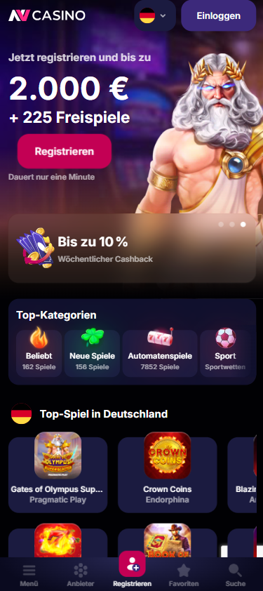 Startseite im NV Casino zeigt Willkommensbonus und top Spiele in Deutschland
