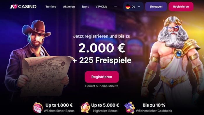 Startseite im NV Casino zeigt Willkommensbonus