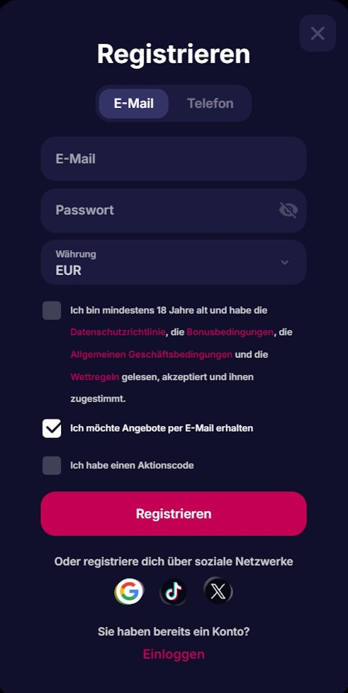 Anmeldeformular im NV Casino