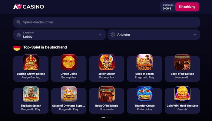 Spiellobby im NV Casino zeigt top Spiele wie Big Bass Bonanza