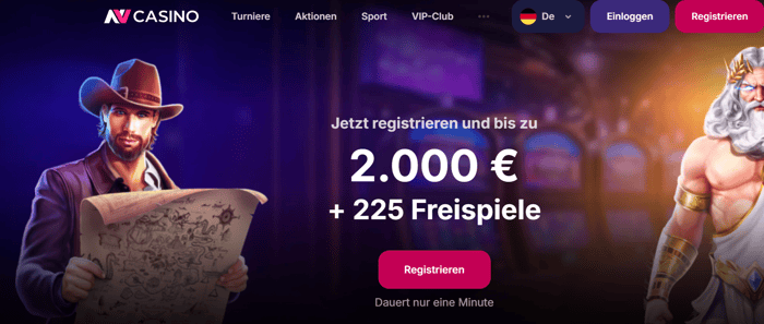 NV Casino Screenshot mit der Startseite, auf welcher der Willkommensbonus abgebildet ist, der 2.000 € und 225 Freispiele umfasst.