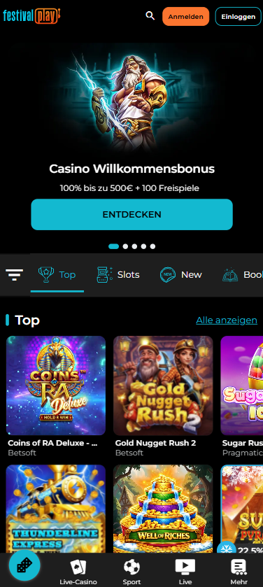 Startseite im FestivalPlay Casino zeigt Willkommensbonus und top Spiele
