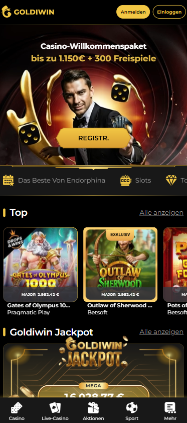 Startseite im Goldiwin Casino zeigt Willkommensbonus und top Spiele
