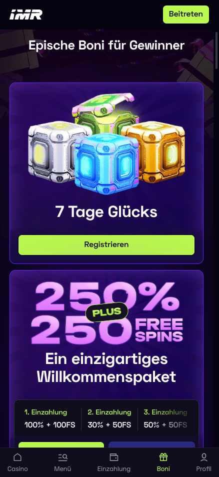 Startseite im Immerion Casino zeigt Willkommensbonus