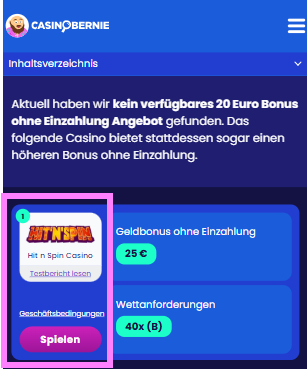Casinobernie Seite mit den Casinos.