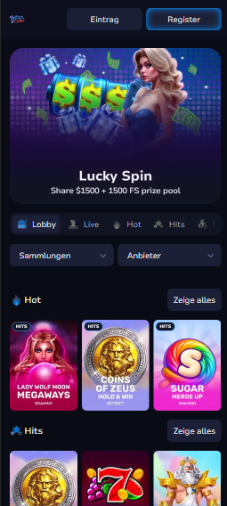 Startseite im 7Bit Casino zeigt Lucky Spin Angebot und heiße Spiele