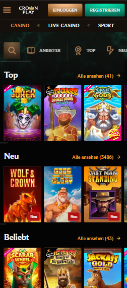 Spielauswahl im Crownplay Casino zeigt top Spiele wie Cash of Gods neben anderen Spielkategorien