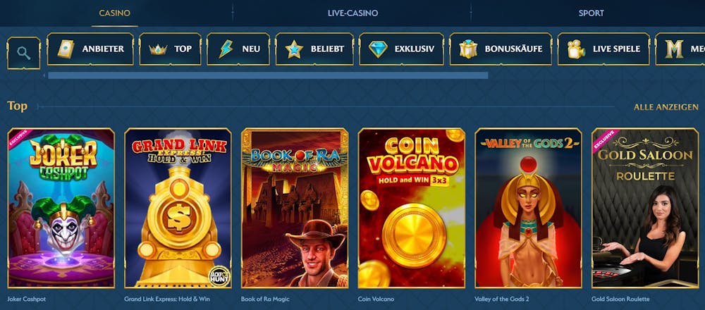 Spiellobby im Ocean Spin Casino zeigt top Spiele wie Book of Ra Magic neben anderen Spielkategorien