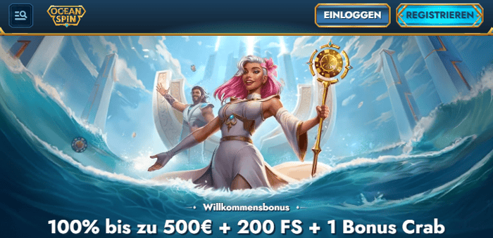 Oceanspin Casino Screenshot mit dem Willkommensbonus samt Bonus Crab.