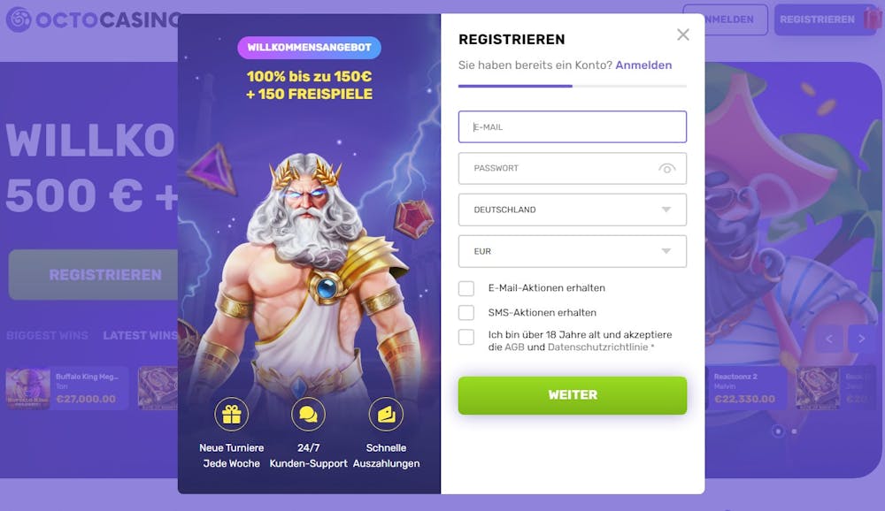 So melden Sie sich bei Octo Casino an