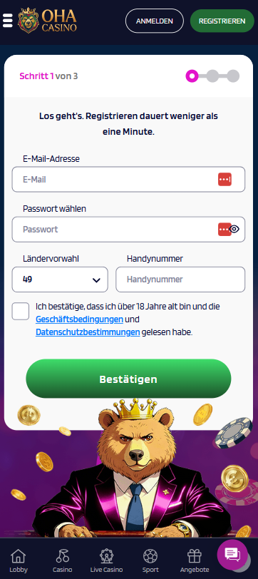 Oha Casino Screenshot, welcher die Anmeldeseite anzeigt.