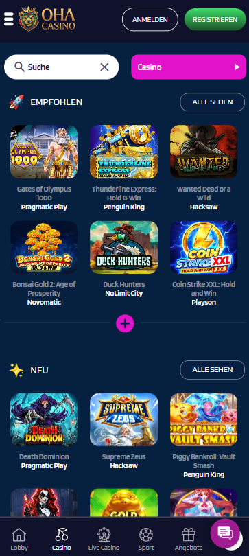 Oha Casino Screenshot mit der Spieleseite.