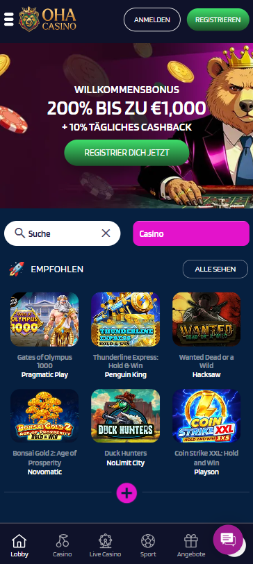 Oha Casino Screenshot mit der Startseite, welche den Willkommensbonus anzeigt.