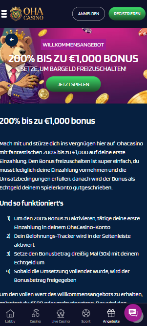 Oha Casino Screenshot mit dem Willkommensbonus.