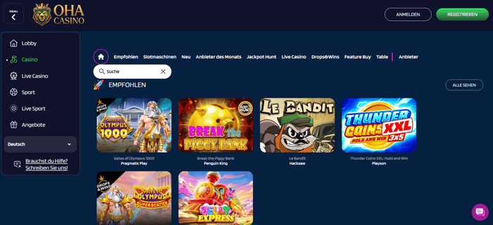 Oha Casino Screenshot mit der Spieleseite.