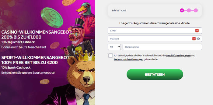 Oha Casino Screenshot, welcher die Anmeldeseite anzeigt.