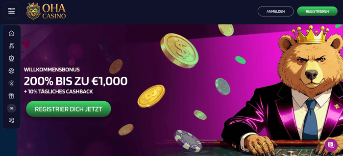 Oha Casino Screenshot mit der Startseite, welche den Willkommensbonus anzeigt.