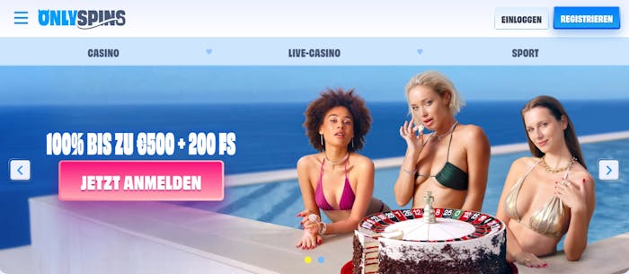 Only Spins Casino Screenshot mit der Startseite, auf welcher sich das Willkommensbonus befindet.