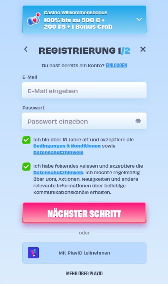 Screenshot vom Only Spins Casino mit der Anmeldeseite.