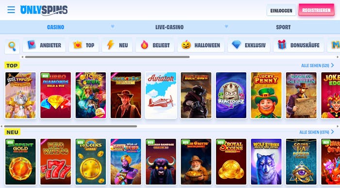 Only Spins Casino Screenshot mit der Slot Seite.,