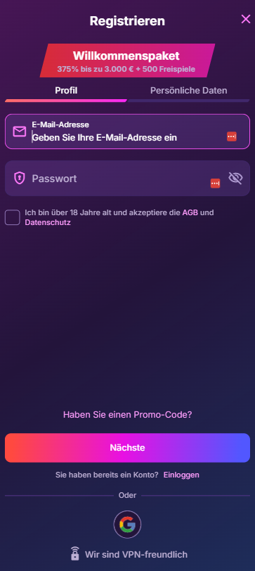Onlywin Casino Screenshot mit der Anmeldeseite.