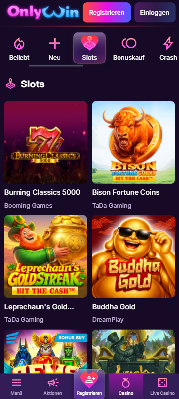Onlywin Casino Screenshot mit der Spieleseite.