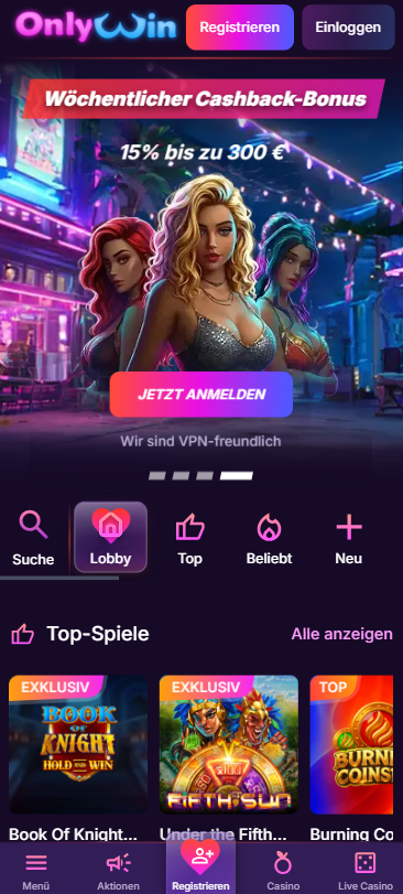 Onlywin Casino Screenshot mit der Startseite