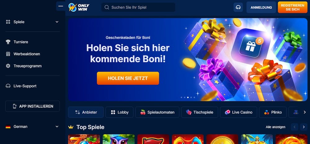 Die Homepage von OnlyWin Casino, im Hintergrund eine Aufforderung die verfügbaren Boni zu aktivieren