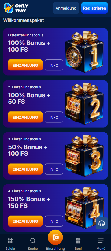 Die verschiedenen Stufen des Willkommensbonus im Onlywin Casino