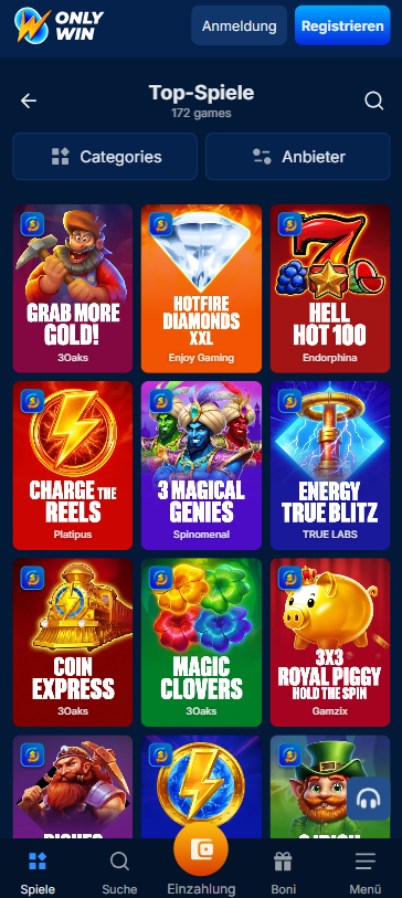 Spielauswahl im OnlyWin Casino zeigt Spiele wie Hell Hot 100