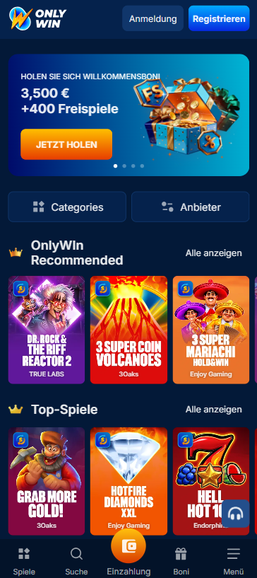 Die Homepage von OnlyWin Casino, im Hintergrund eine Aufforderung die verfügbaren Boni zu aktivieren