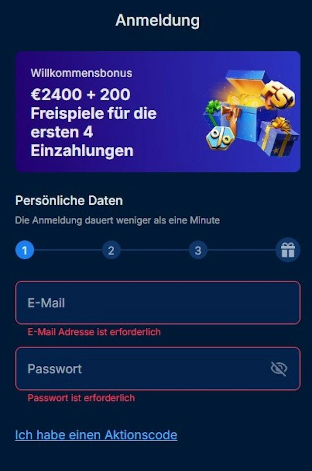 Die Registierungsmaske von OnlyWin Casino