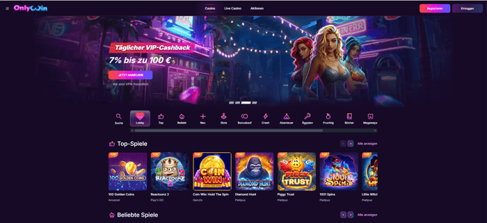 Onlywin Casino Screenshot mit der Startseite und dem Willkommensbonus.