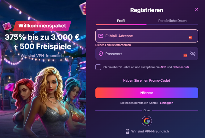Onlywin Casino Screenshot mit der Anmeldeseite.