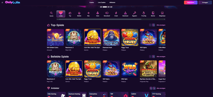 Onlywin Casino Screenshot mit der Spieleseite.