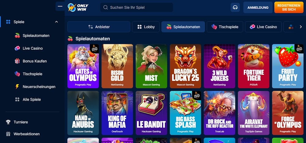 Die Slotansicht bei OnlyWin Casino mit Titeln wie Fortune Tiger und Le Bandit