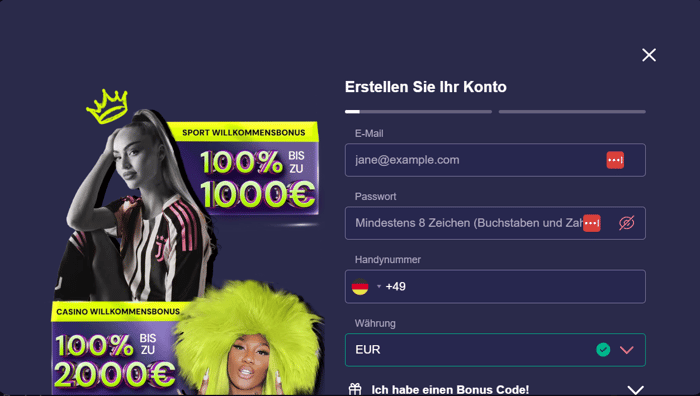 Opabet Casino Screenshot mit der Registrierungsseite.